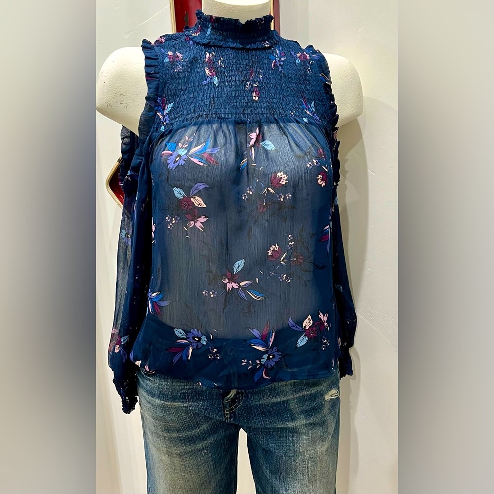 Blue Long Sleeve Floral print Blouse with Smocked Neck and Shoulder Cut Out